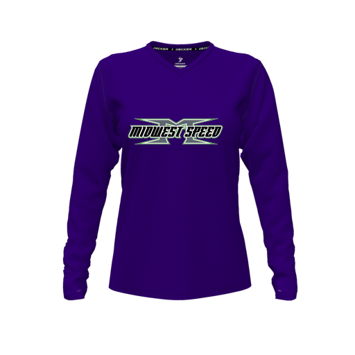 [CUS-DFW-TEES-PER-VNK-LSL-PUR-FYXS-LOGO1] Performance T-Shirt (Female Youth XS, Purple, V Neck, Logo 1, Long Sleeve)